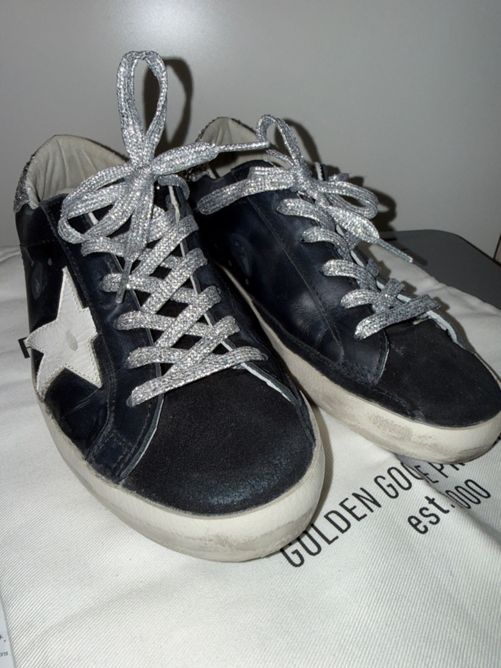 Golden Goose Black & White Superstar Sneakers with Silver Glitter Laces